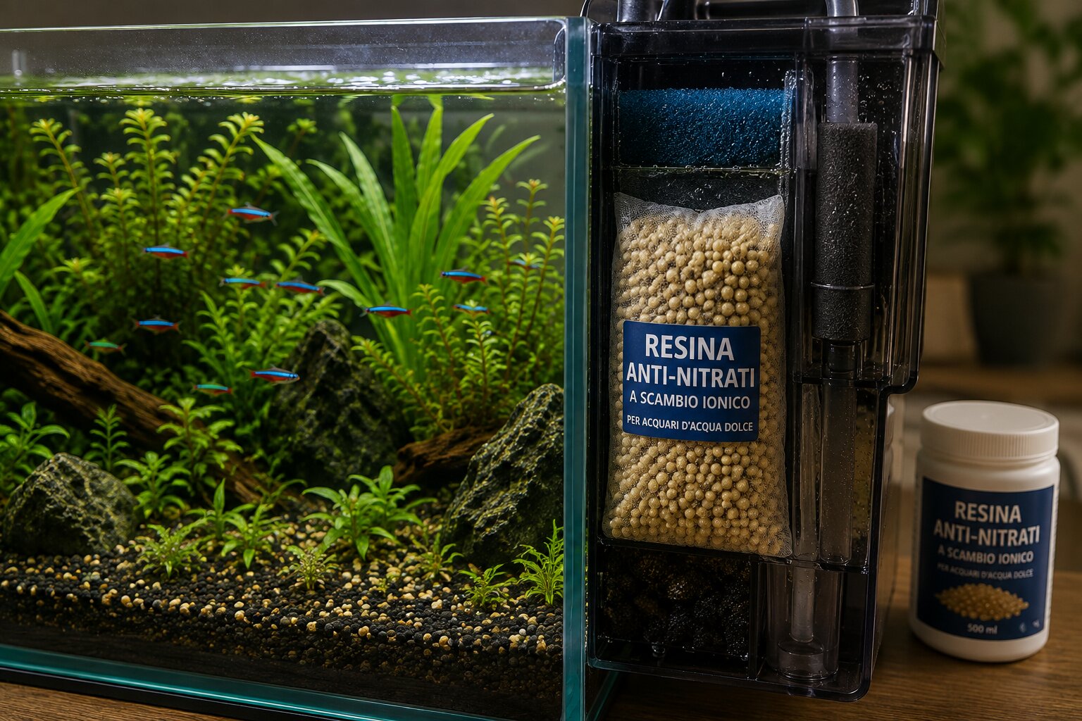 Resina anti-nitrati inserita nel filtro dell'acquario