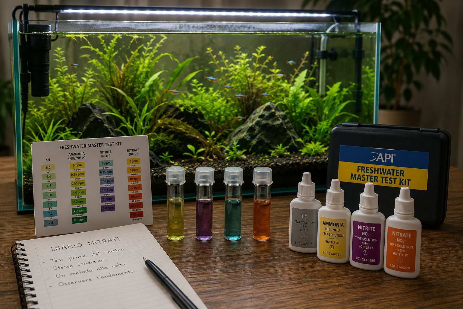 Test dell'acqua e manutenzione dell'acquario durante il confronto tra metodi anti-nitrati